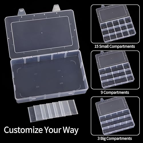 Miniatura 3 de SGHUO Caja organizadora de aparejos de 15 rejillas, caja organizadora grande de plástico transparente con divisores ajustables para cuentas, arte,