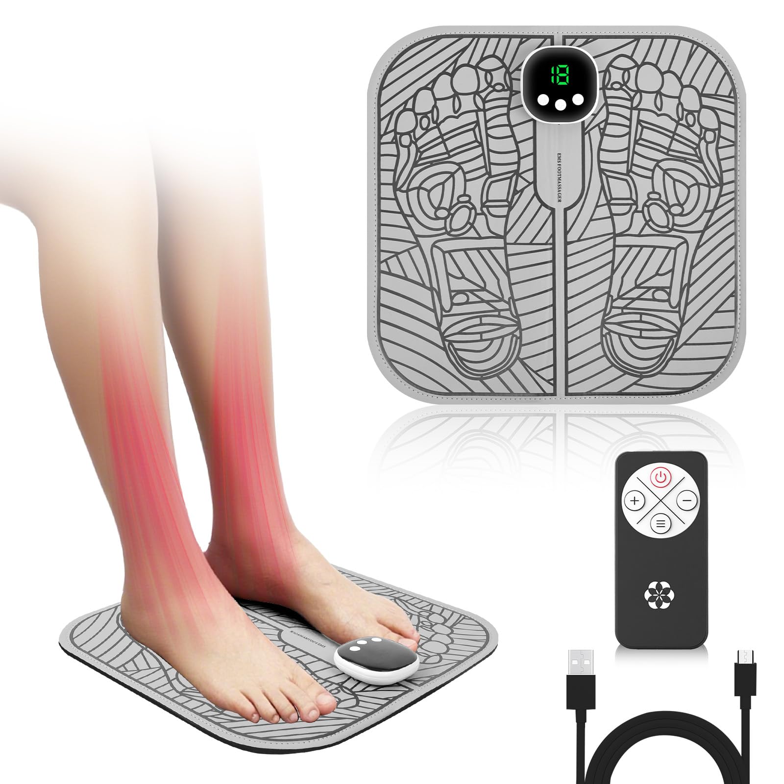 Masajeador Eléctrico de Pies EMS, 8 Modos de Masaje y 19 Niveles de Intensidad Masajeador de pies Diseño Portátil, Control Remoto Por Infrarrojos Masajeador Piernas para Alivia el Dolor de Pies