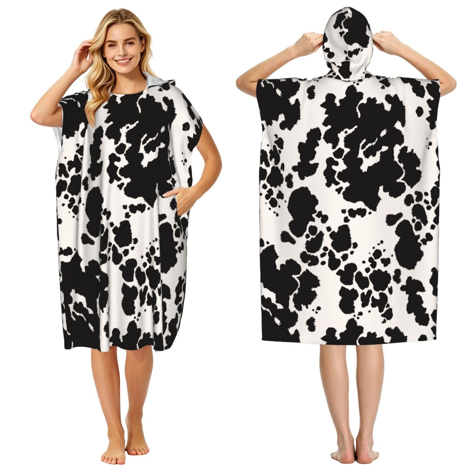 Poadnly Cow Print, Adult Hooded Beach Towel 90 x 110 cm,Changing Bath Robe, Surf Poncho Towel For Women Men