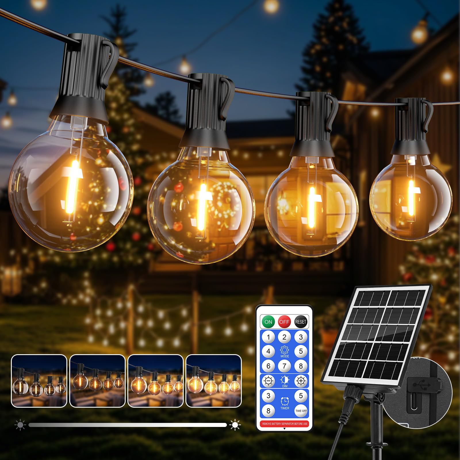 15M Solar Lichterkette Outdoor,19+2 G40 LED Lichterkette Außen Solar | Glühbirnen Dimmbar IP65 Wasserdicht USB Laden Lichterkette Außen Solar, 8 Modi & Timer Wetterfest für Garten,Balkon,Party