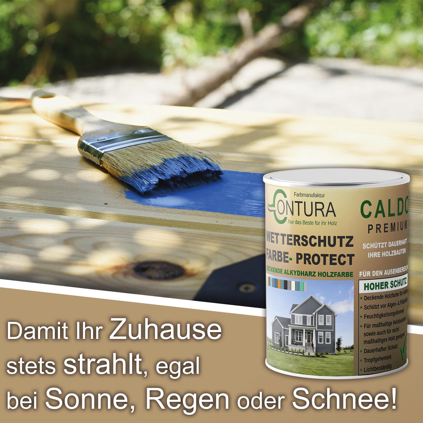 Contura Wetterschutzfarbe 2,5 Liter Holz Dauerschutzfarbe Deckend Buntlack Holzfarbe Holzlasur Seidenmatt (Schwedenrot - RAL 3009 Analog)