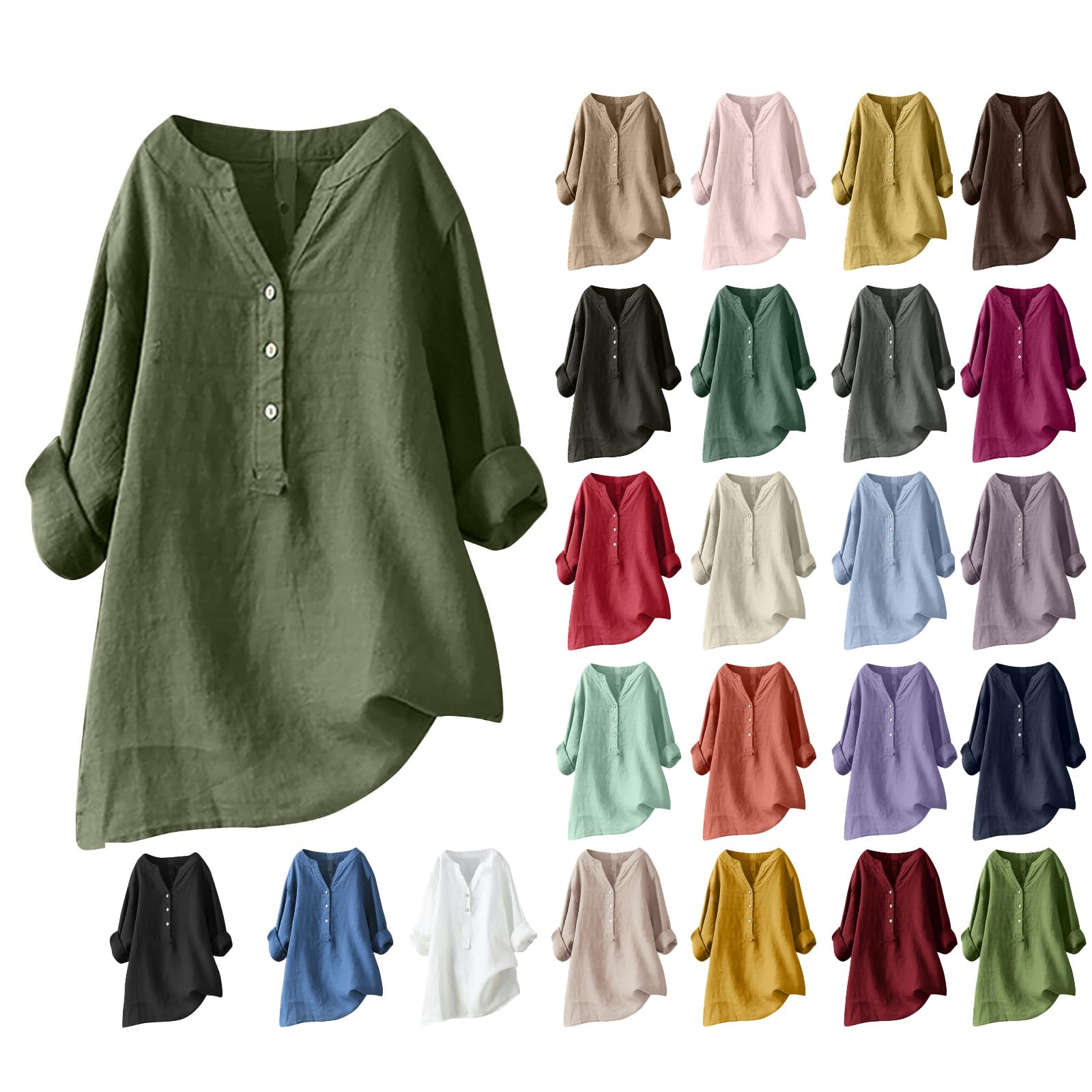 Bluse Damen Elegant Leinenbluse Langarm Blusen Baumwolle Leinen Tuniken Sommer Oversized Longbluse Button-Down Longshirt Musselin Tops Locker Blusenshirt Leicht Atmungsaktiv Oberteile