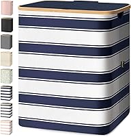 Vista 34 de BALEINE Cesta de lavandería con tapa, cestas altas para la ropa sucia con asas de bambú, contenedor grande para la ropa sucia con soporte interno