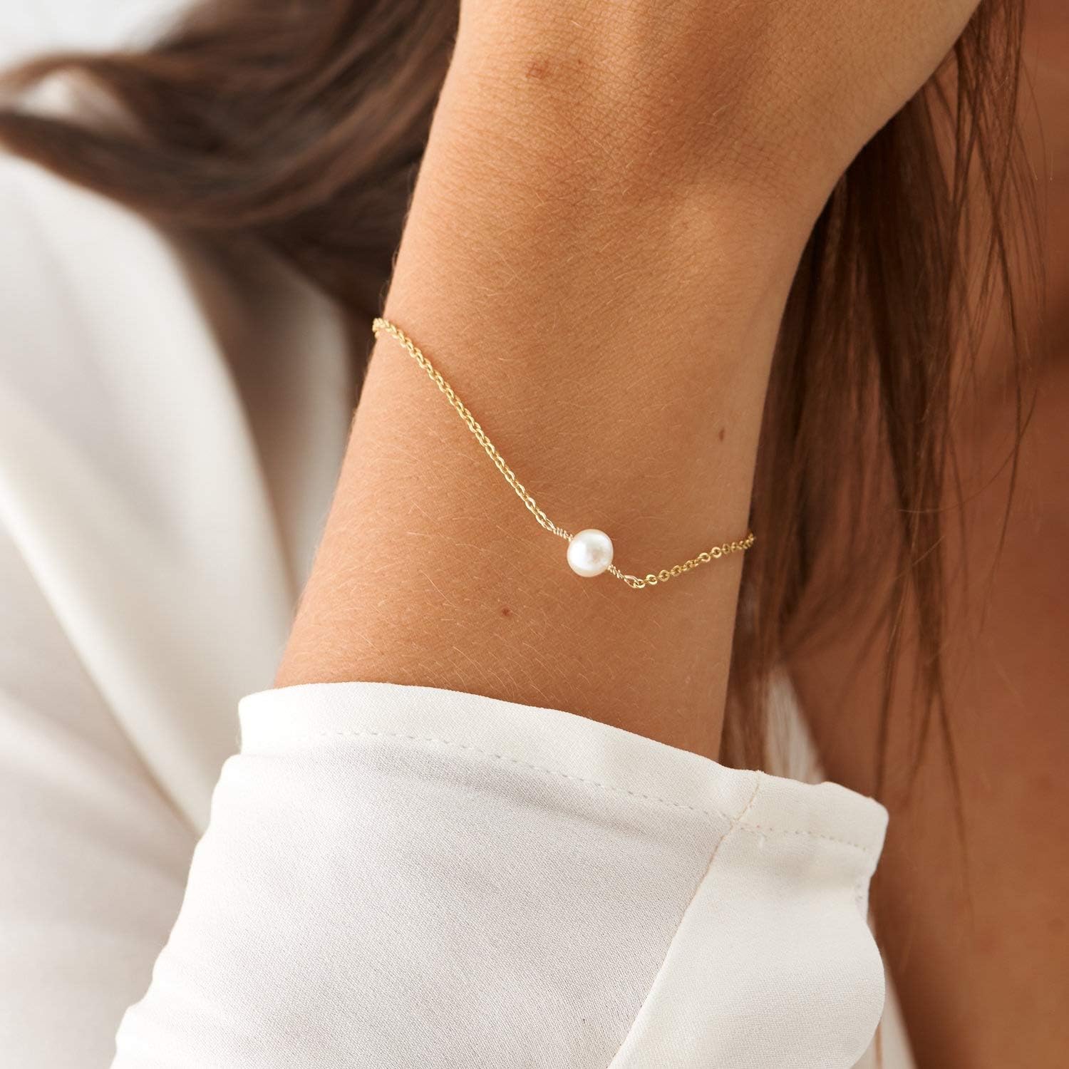 VACRONA Gold Tiny Beaded Bracelet 14K Gold Plated Chain Bracelets for Women Dainty Tiny Pearl Bracelet Adjustable Chain Jewelry - Image 3