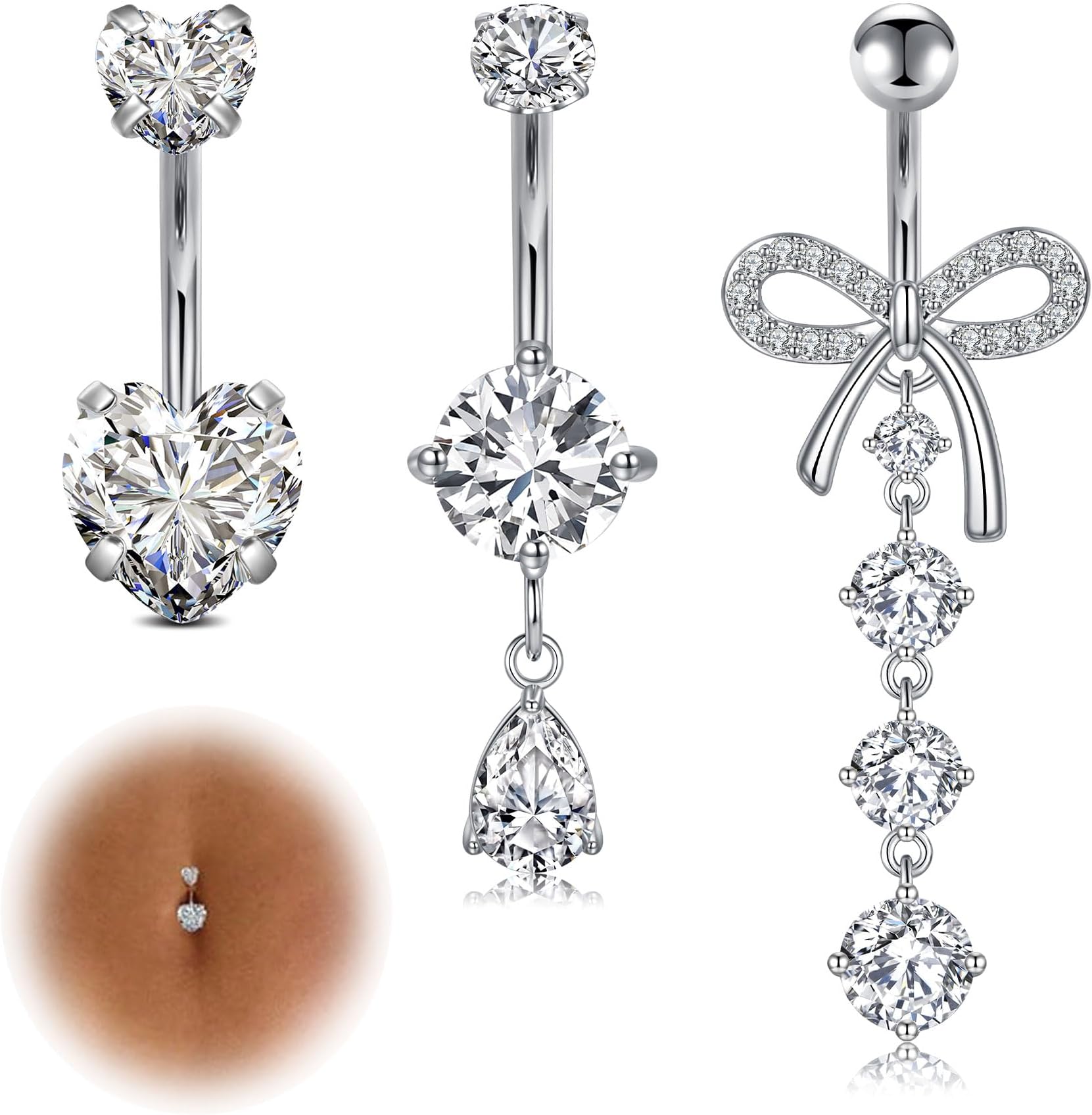 14G Dangle Belly Button Rings - Surgical Steel Silver and Rose Gold CZ Piercing Jewelry for Women