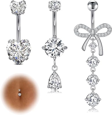 14G Dangle Belly Button Rings Set Navel Piercing Jewelry - Smooth Edges for Summer Outfits, 1.6mm Silver Tone CZ Butterfly Heart Flower Rings 5 Pcs