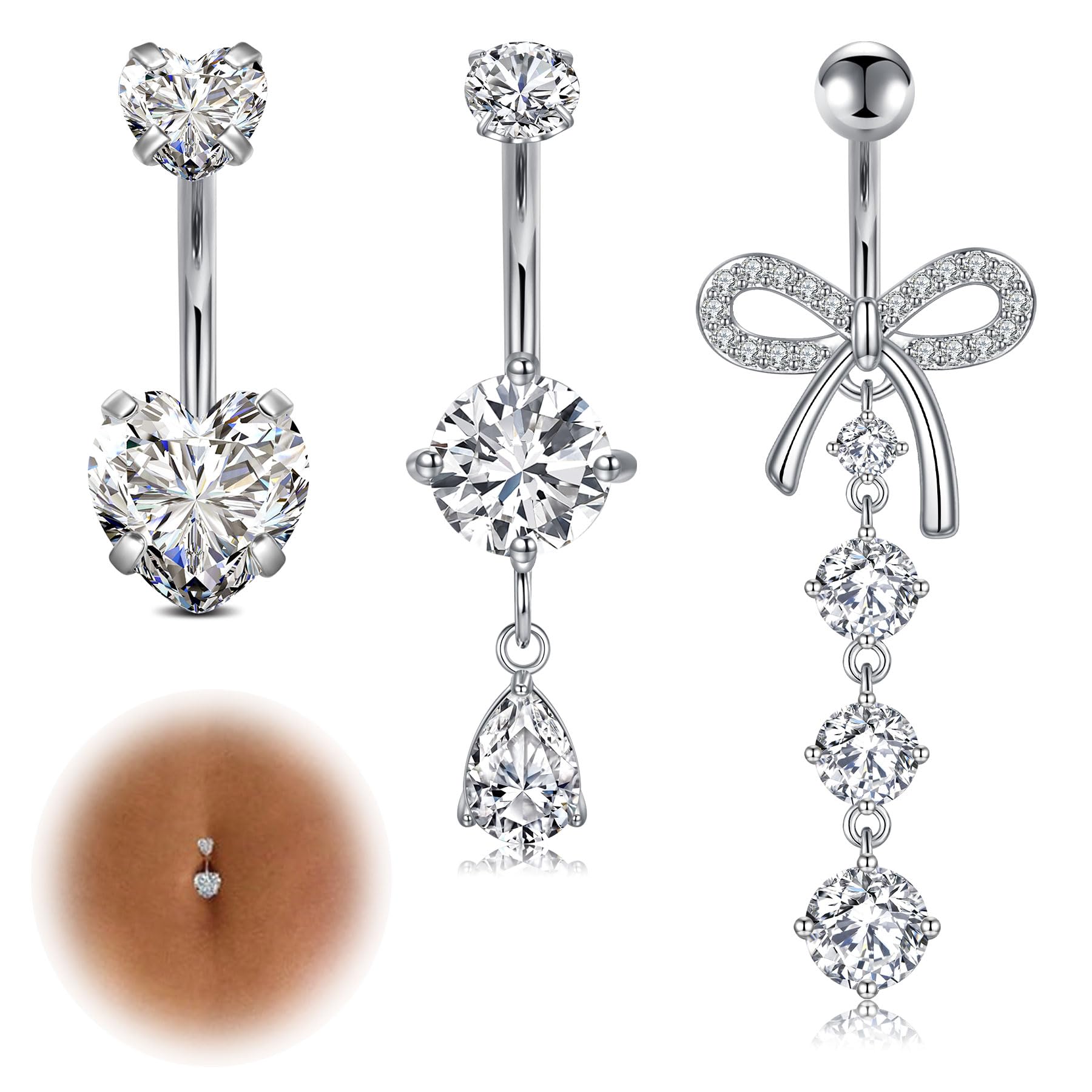 LAURITAMI 14G Dangle Belly Button Rings - Surgical Steel Silver and Rose Gold CZ Piercing Jewelry for Women