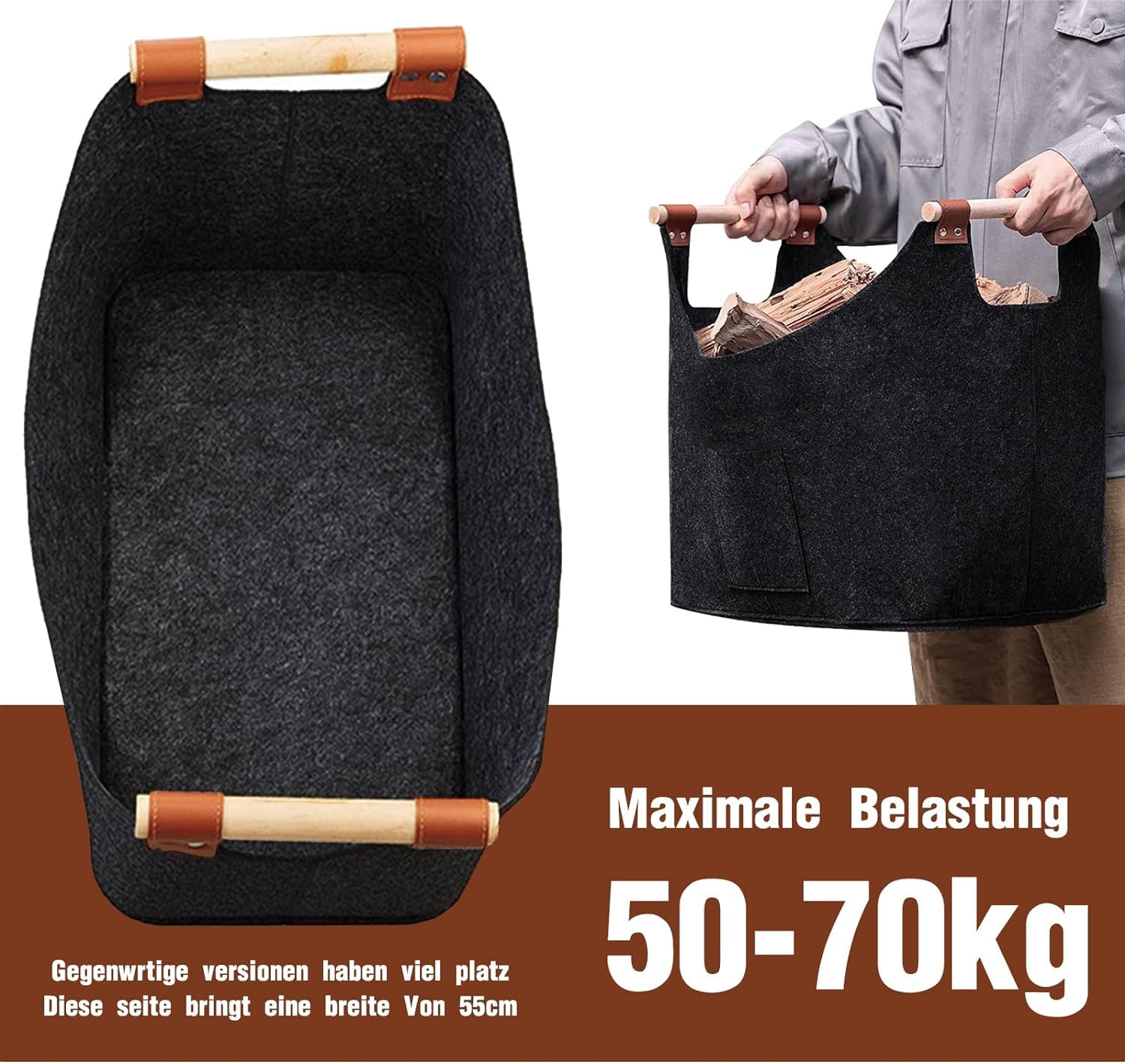 Lot De 2 Sacs En Feutre De Cheminée Avec Poignées - 25x25x50 Cm - Gris - Panier Pliable Pour Rangement Bois, Journaux, Linge