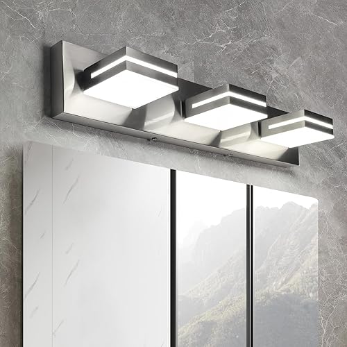 Miniatura 1 de OKELI Lámpara de tocador de baño de 3 luces de níquel cepillado moderna de 24 W LED regulable sobre espejo 350 cabeza de lámpara ajustable blanco