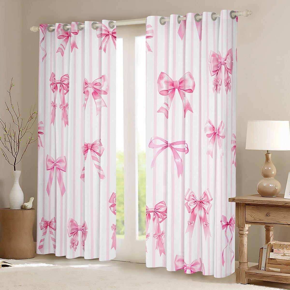 Homemissing Cortinas opacas de satén con lazo rosa para dormitorio, sala de estar, cortinas opacas con lazo de satén de princesa, cortinas de oscurecimiento kawaii coqueta, 2 paneles de 66 pulgadas de