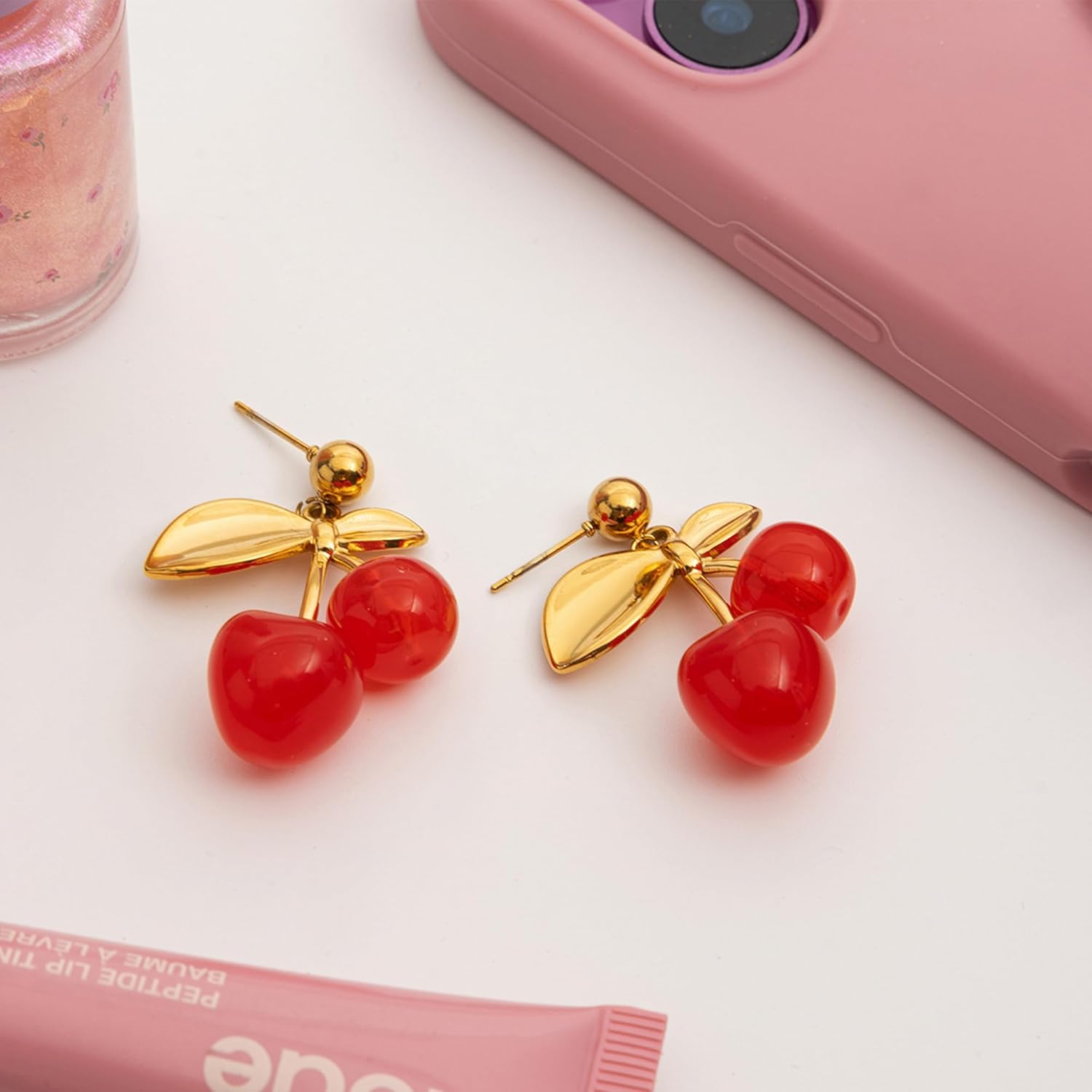 Gold Cherry Dangle Earrings for Women Cute Red Fruit Drop Earrings Cute Jewelry - Image 3