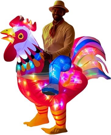 Adult Inflatable Chicken Costumes, LED Light Up Ride-on Rooster, fancy Dress Funny Jumpsuit Cosplay Halloween Costume for Men Women Birthday Christmas Adult
