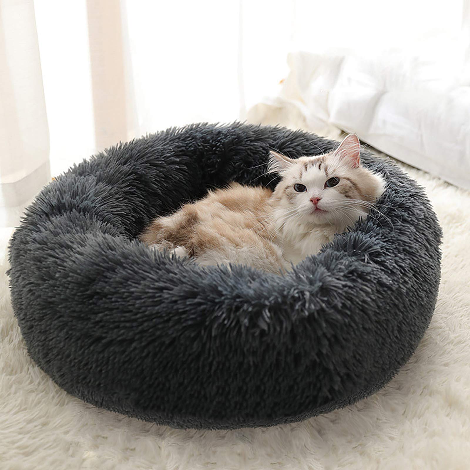 Cat Beds for Indoor Cats, Plush Cat Bed Machine Washable Dog Bed for Small Dogs, Round Fluffy Donut Cuddler Calming Pet Bed, Anti-Anxiety Soft Plush Pet Bed for Puppy and Kitten