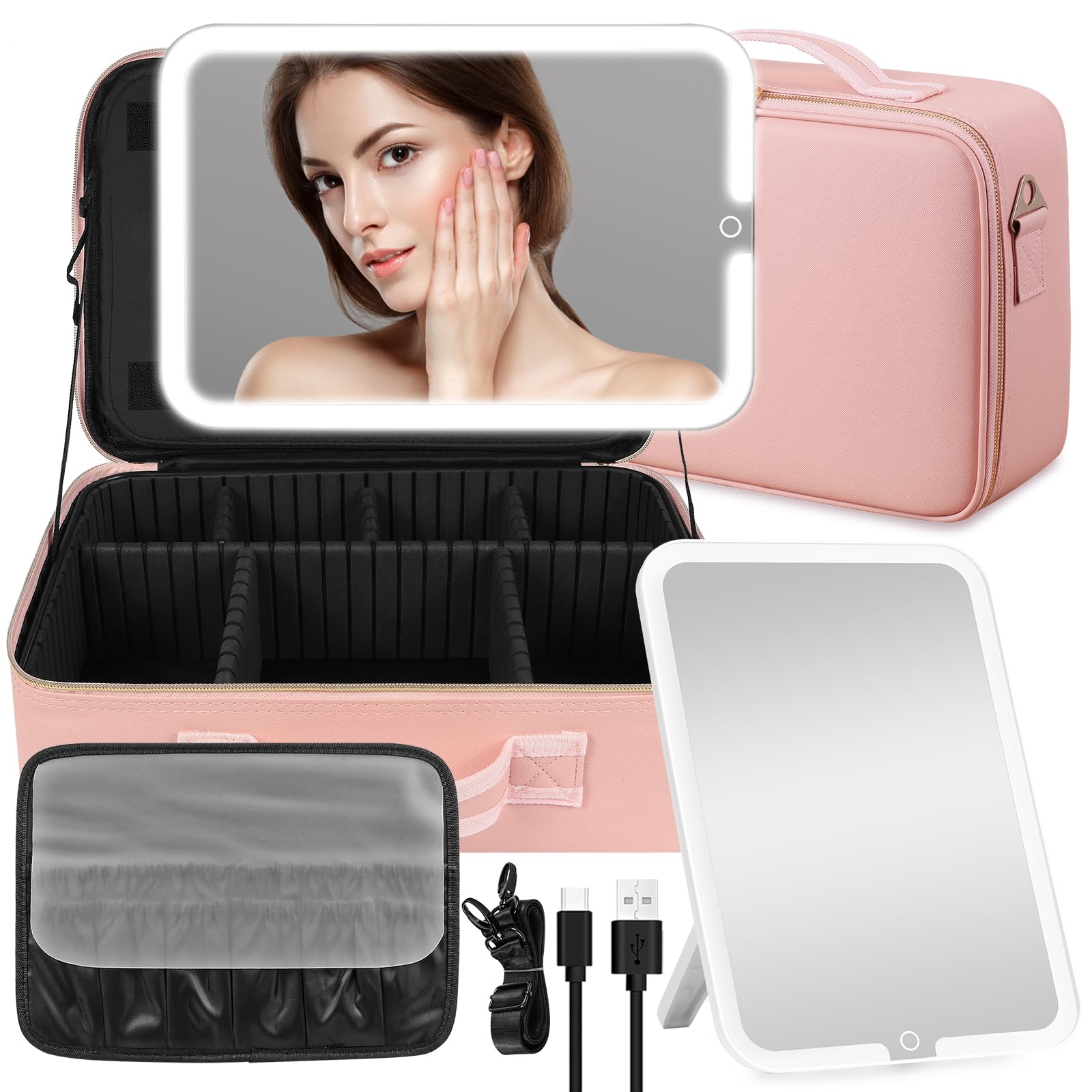 JJhxr 15''X11'' Makeup Bag with Removeable Lighted Mirror, Travel Makeup Case with 3 Color Lights Dimmable Brightness, Large Capacity Cosmetic Organizer Case with Detachable Dividers & Shoulder Strap