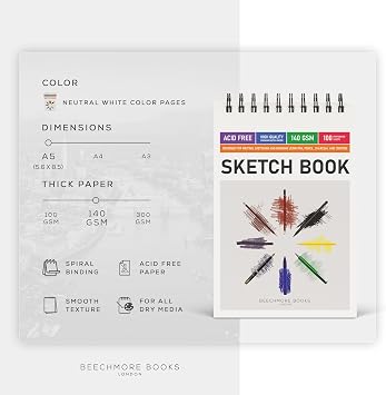Beechmore Books 5.6x8.5 A5 Spiral Sketchbook 140 GSM 100 Perforated Pages