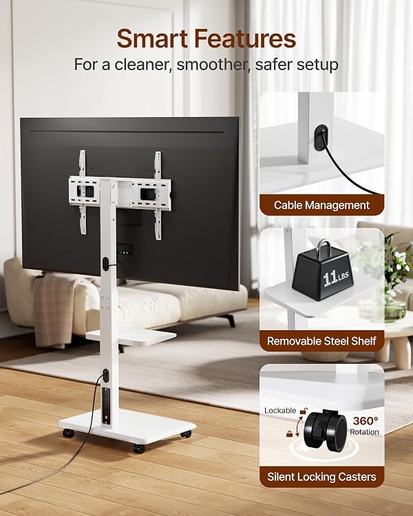 ECOTINY Steel Base Rolling TV stand with Power Outlet for 32-75 inch TVs up to 110 lbs, Leveling & Tilt & Swivel Mobile TV Stand with Hidden Wire Management, Height Adjustable Portable TV Stand, White by ECOTINY - Image 5