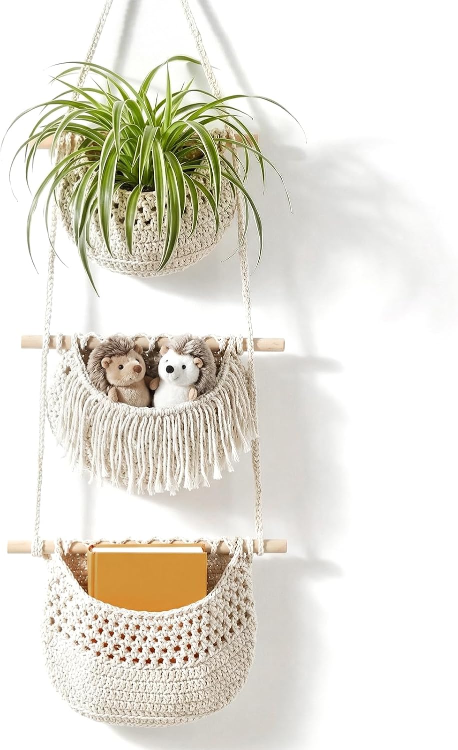 3 Tier Hanging Fruit Basket, Woven Jute Baskets for Organizing, Hanging Vegetable Fruit Baskets, Wall Storage Basket for Kitchen, Bedroom, Bathroom (White)