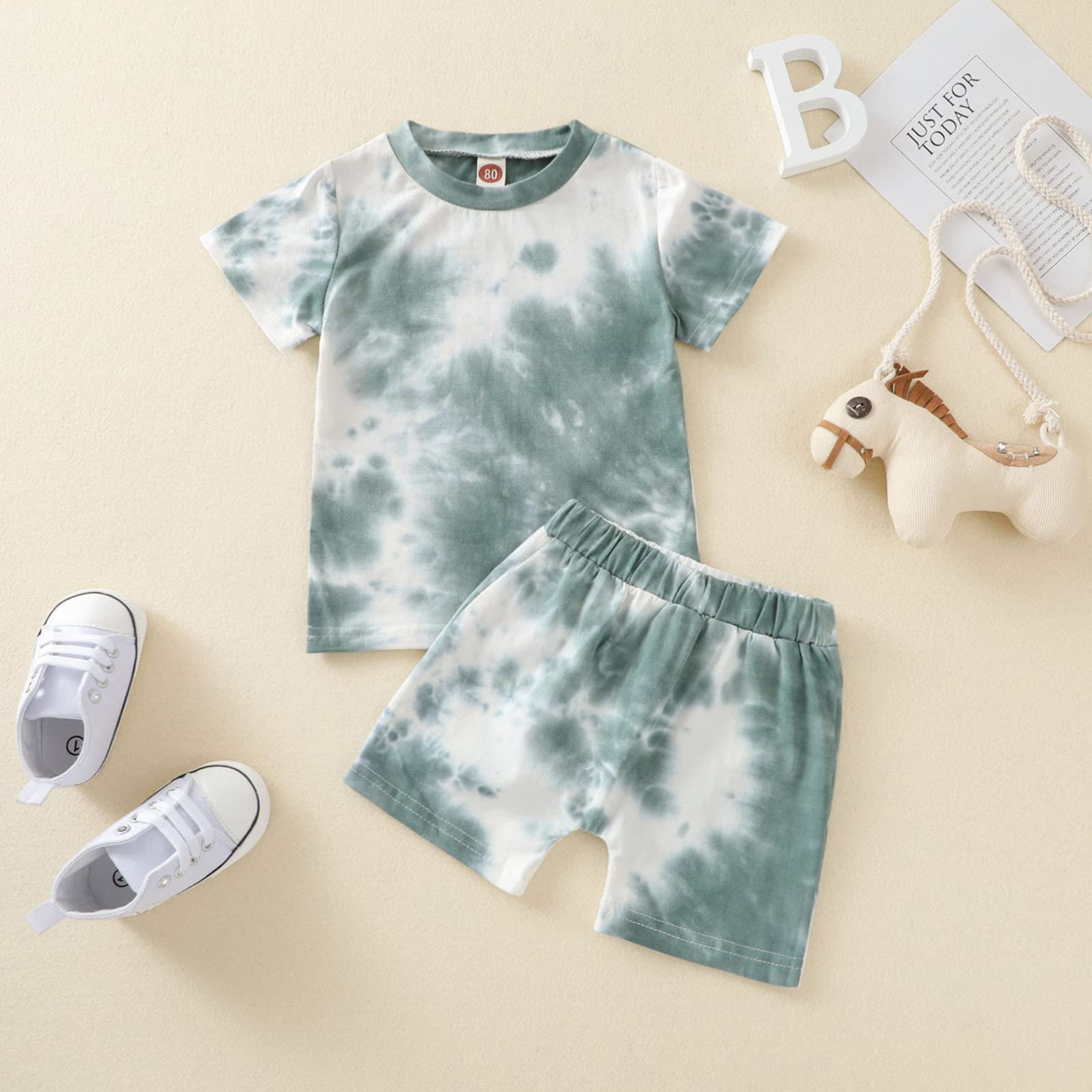 Aruzig Toddler Baby Boys Tie-Dye Outfits Short Sleeve T-Shirt Tops+Short Pants 2Pcs Summer Cotton Clothes Set(Light Green Tie-Dye, 3-4T)