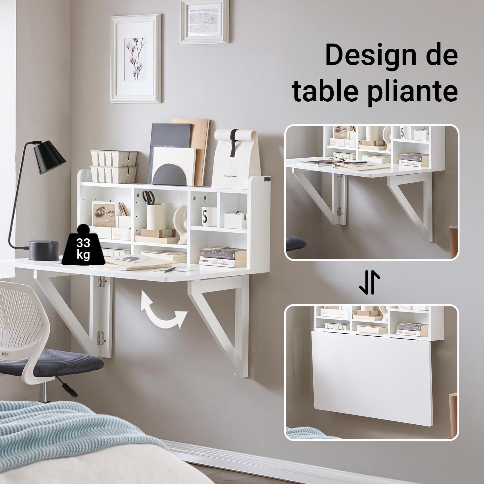 SoBuy Table Pliante Murale avec étagère, Table de Cuisine et Petite Table à Manger pour Petite Cuisine, Salle à Manger ou Studio, Table Gain de Place Blanche 90x60 cm, env. 90x78x60 cm FWT07-II-W