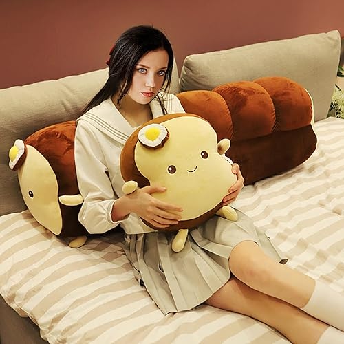 Miniatura 9 de DENTRUN Almohada de peluche de pan tostado de huevo frito, juguete de peluche grande y regordito de pan para dormir, suave y esponjoso, para niños y