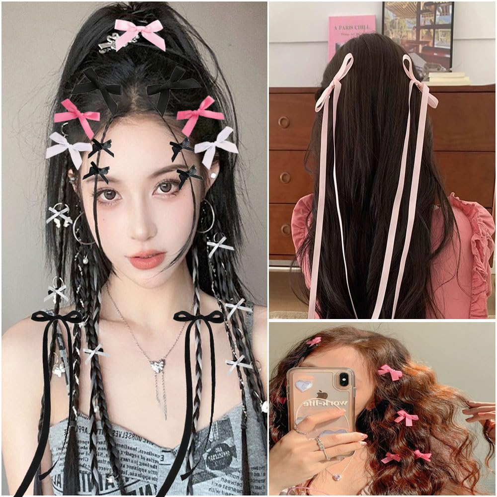48PCS Mini Hair Bows for Women Girls,Cute Bow Hair Clips Mini Bows Ribbon Bowknots Hairclips for Hair Design,Pink,Black,White,Hot pink Satin Bow Hair Clips - Image 5