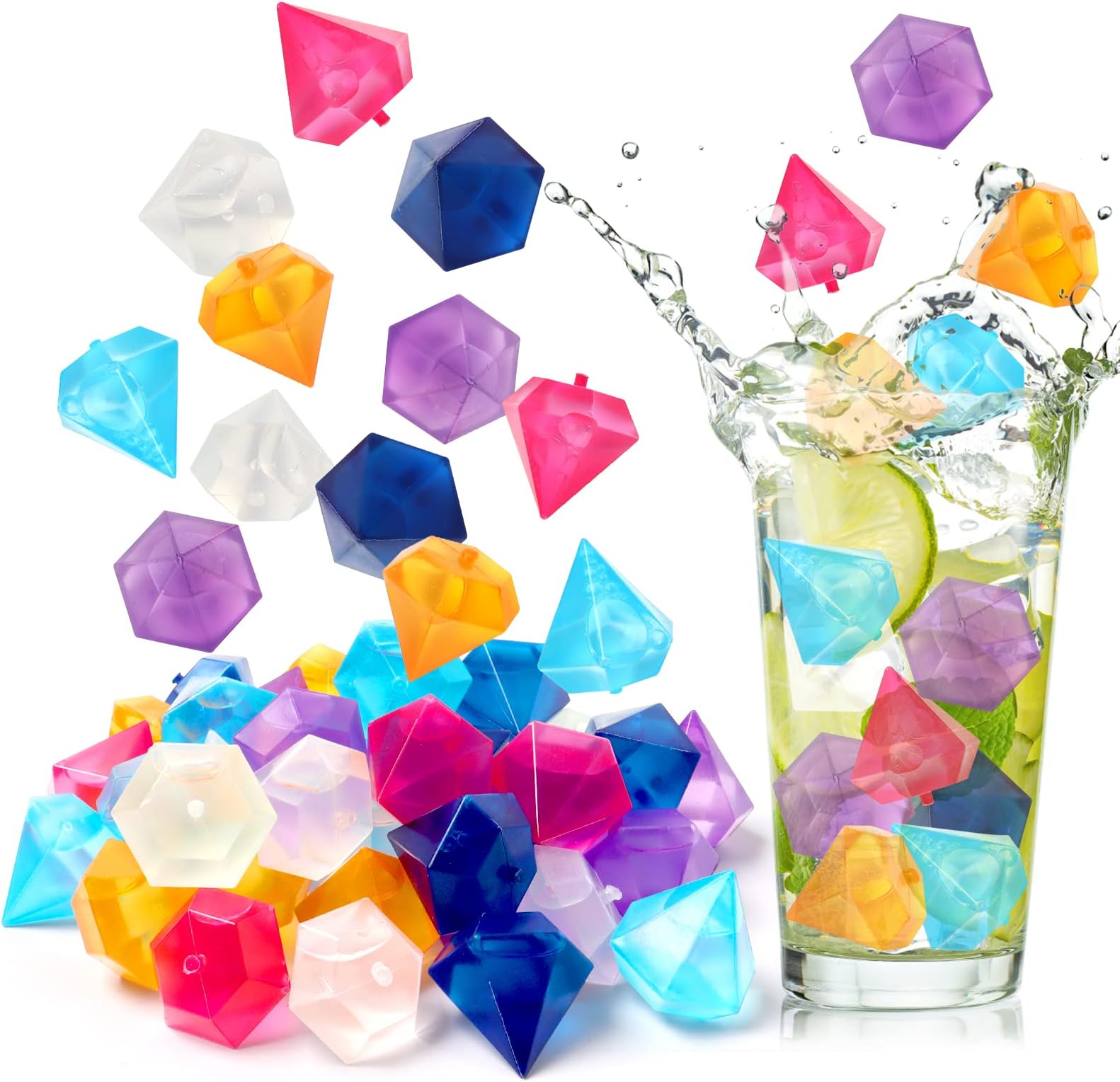 40 Pack Reusable Plastic Ice Cubes Diamond Shape Reusable Frozen Ice Cubes for Drinks Wine Beer Whiskey, Washable and Keep Drinks Cold Longer, Assorted Colors