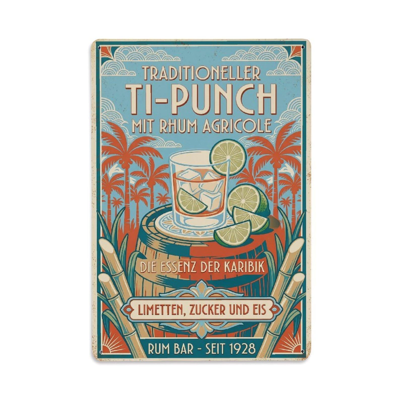 Ti Punch Caribbean Rum Cocktail Mixology Vintage Guide Metal Tin Sign Plaque Wall Decor for Cafe, Man Cave, Club Bar, Office, Home Garden Round Metal Poster 8x12Inch