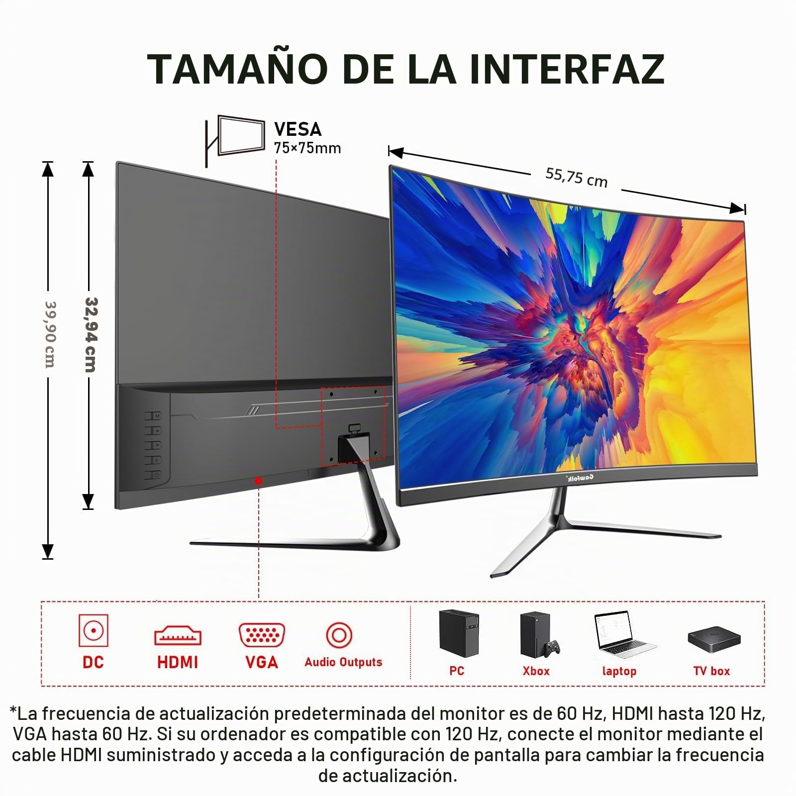 Gawfolk Monitor curvo de 24,5 pulgadas con altavoces integrados, 3000R 120 Hz PC Gaming pantalla Full HD 1080P, HDMI 2.0, VGA, VESA 75 x 75 mm
