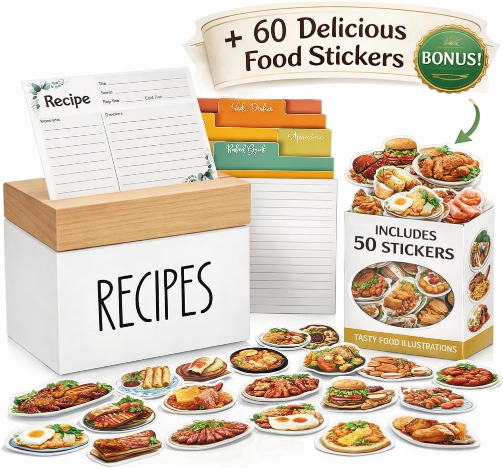 White Recipe Box with Wooden Lid, 4x6 Recipe Card Holder with 50 Blank Cards, 6 Dividers & 60 Food Stickers, Recipe Organizer for Kitchen