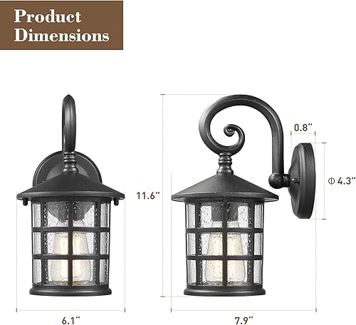 Miniatura 6 de Emliviar XE222B-2PK BK - Luces de pared exteriores para casa, vidrio sembrado en acabado negro, paquete de 2 unidades