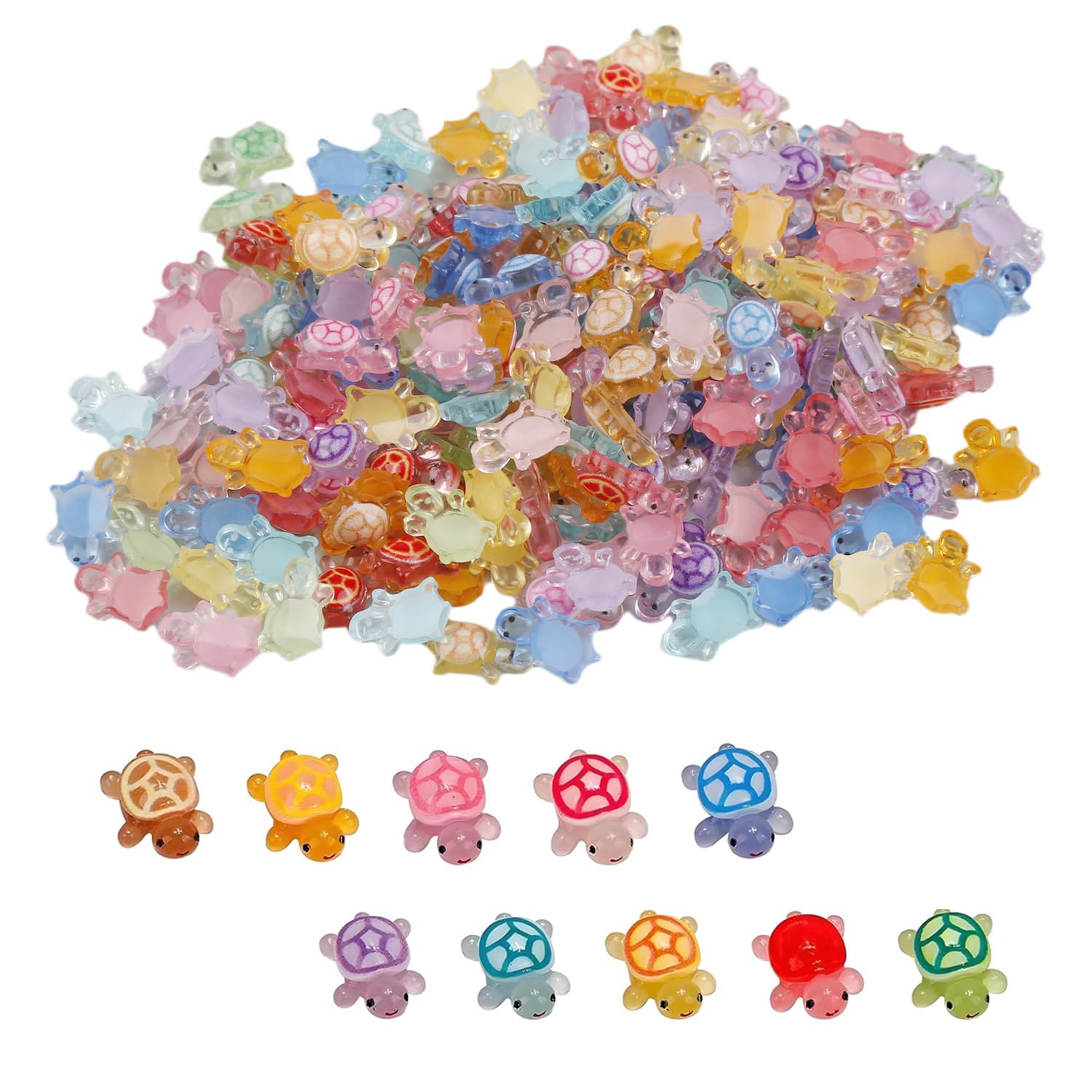 Tabanzhe 200pcs Mini Resin Turtles, Luminous Tiny Turtles Glow in the Dark with Clear Storage Box, Colorful Resin Animal Figurines for Micro Landscape Fairy Garden Aquarium & DIY Crafts Desk Decor