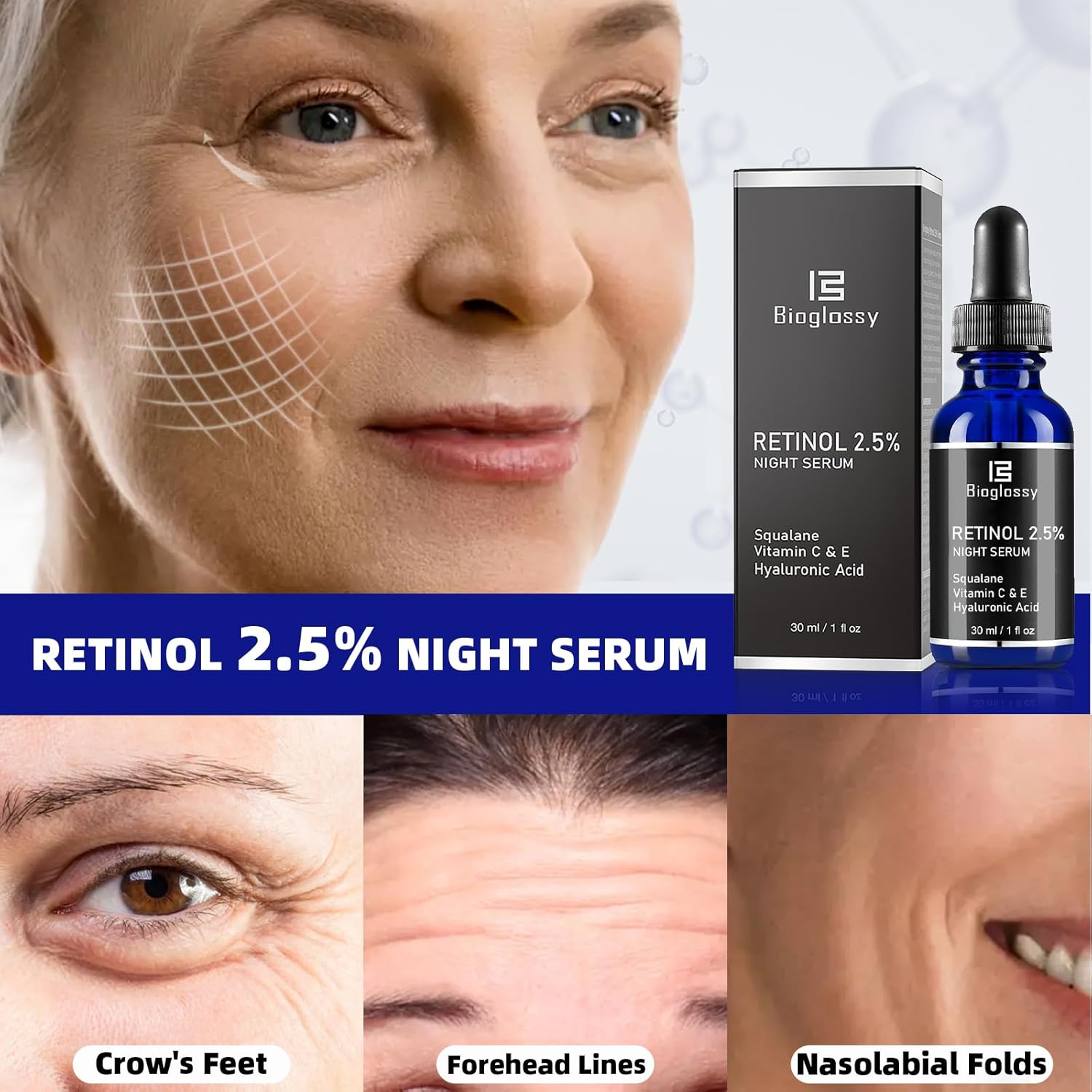 Retinol Serum for Face, 2.5% Retinol Intense Night Serum with Squalane,Vitamin C & E & B3,Hyaluronic Acid for Lines, Wrinkles & Premature Sun Damage to Resurface & Hydrate 30 ml/ 1 Fl oz - Image 8