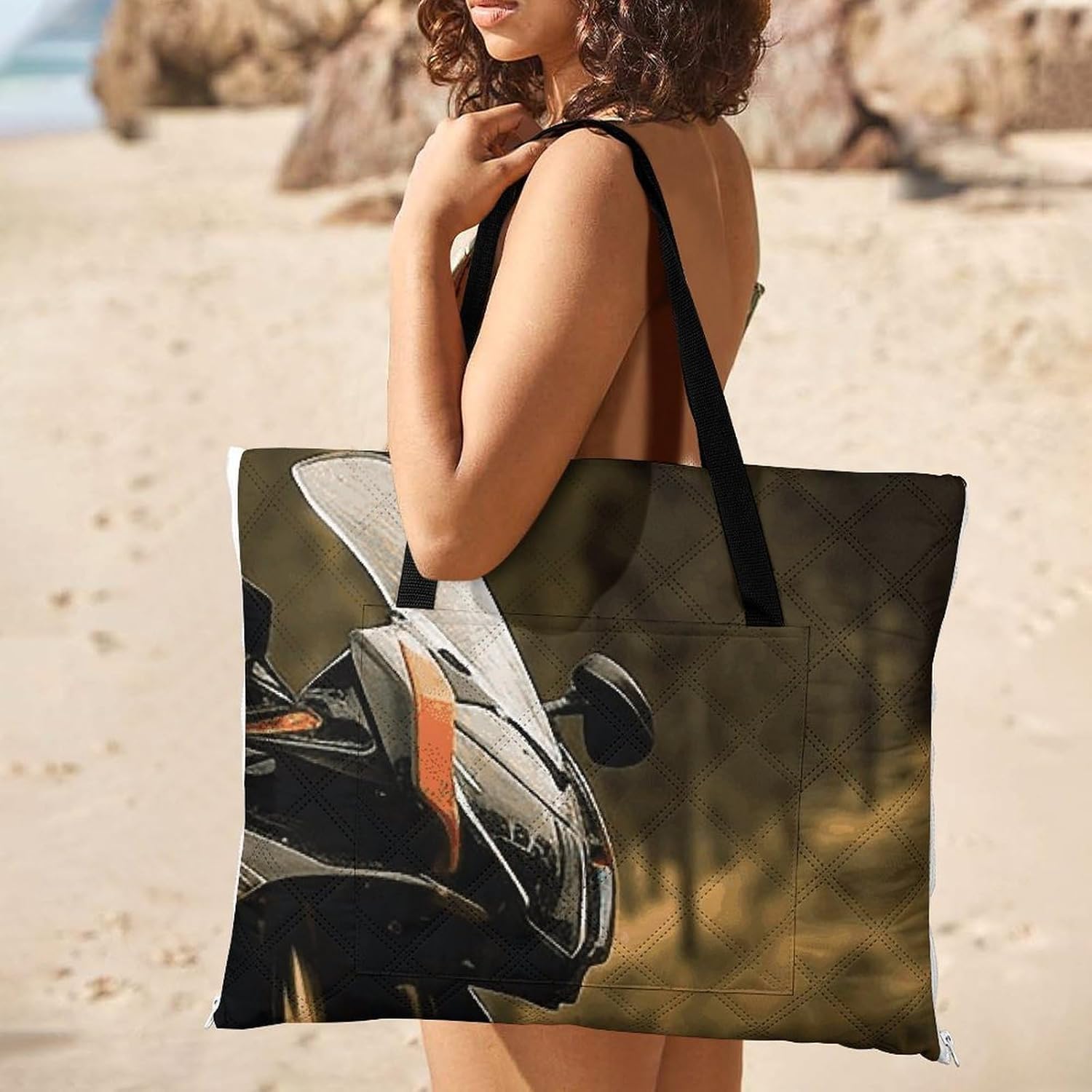 Sport Motorcycle Picnic Blanket 150x150cm, Foldable 2-in-1 Picnic Mat and Tote Bag Portable Waterproof Beach Mat Sandproof Outdoor Blanket for Park, Hiking, Beach, Camping, Travel