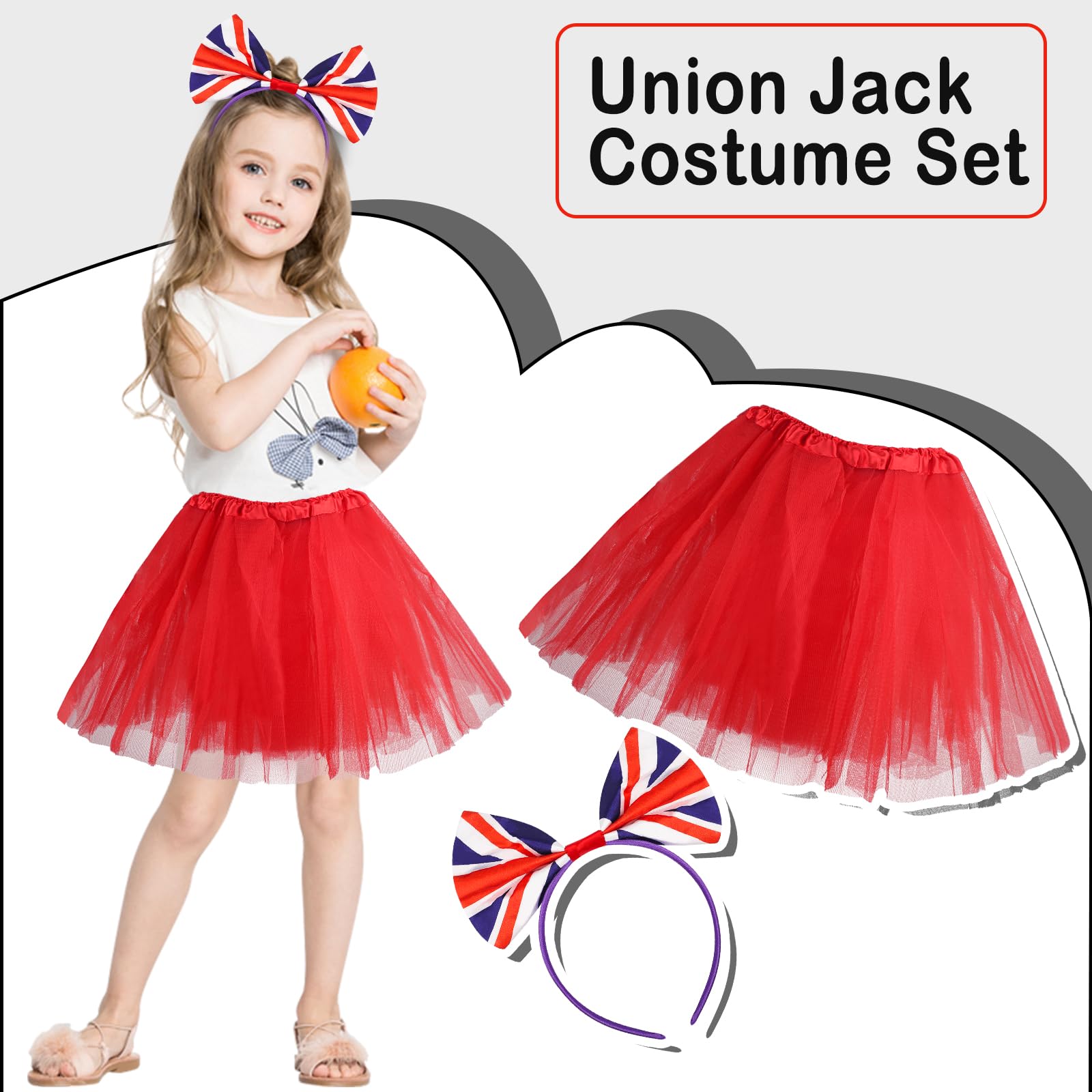 KMLGY 2Pcs Union Jack Costume Set including Union Headband Tutu Skirt for British National Day Royal Event Indoor or Outdoor Street Party (Red) - Image 4