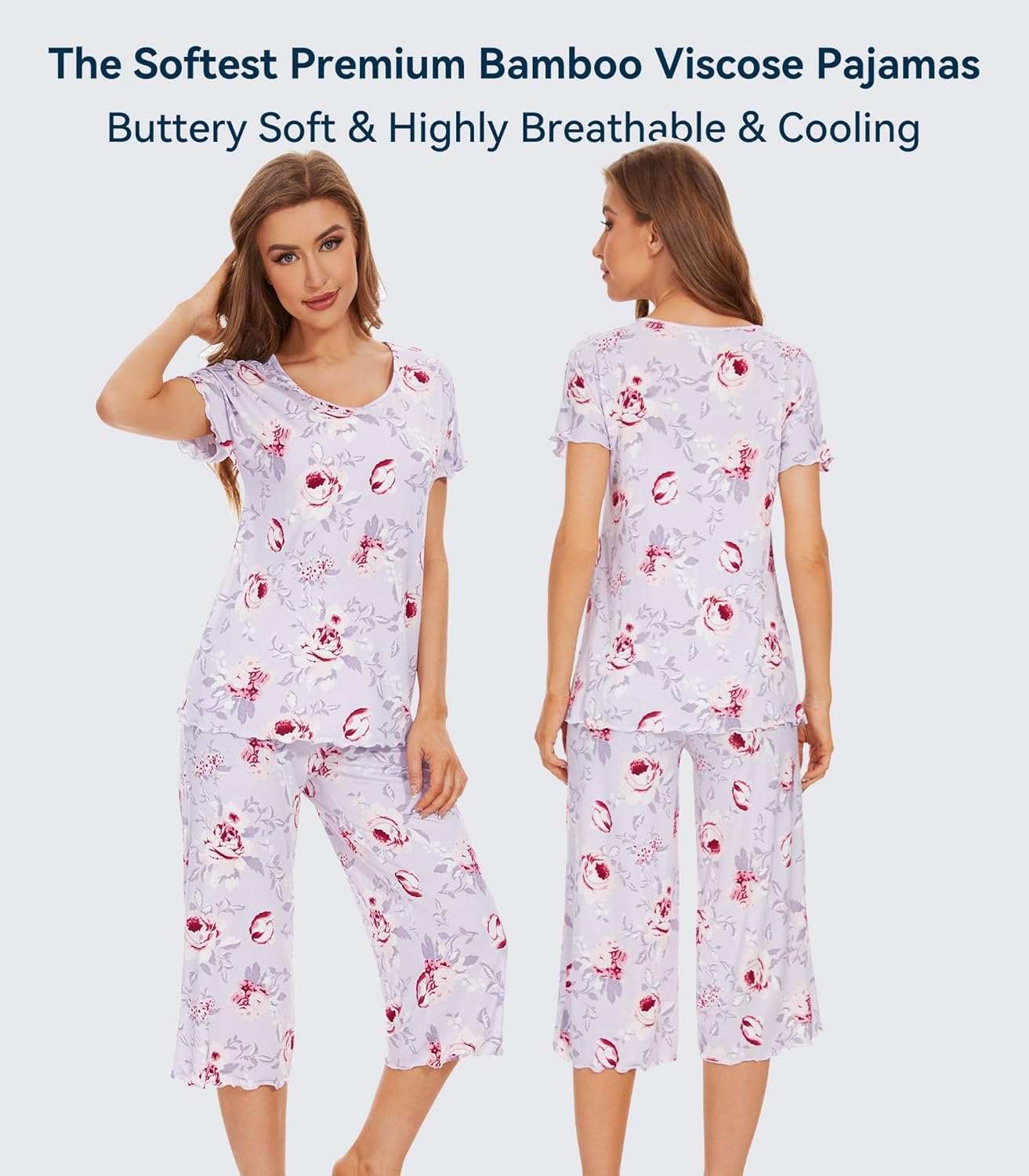 WiWi Pajamas for Women Super Soft Pajama Sets Cooling Short Sleeve Top Capri Pants Viscose from Bamboo Sleepwear Pjs S-4X - Image 3