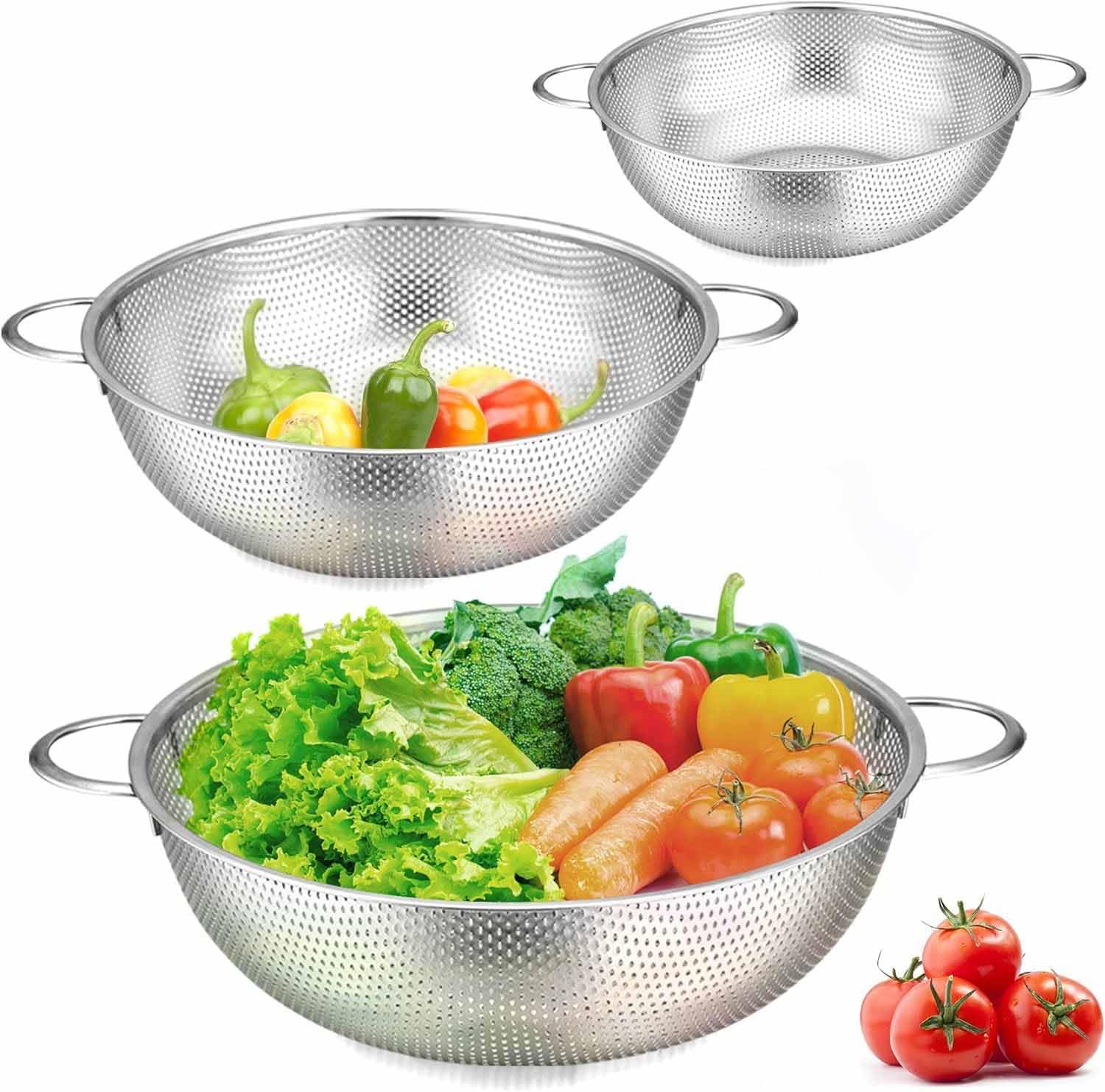 TGOPIT Colander Set of 3, Stainless Steel Micro-Perforated Colanders ...