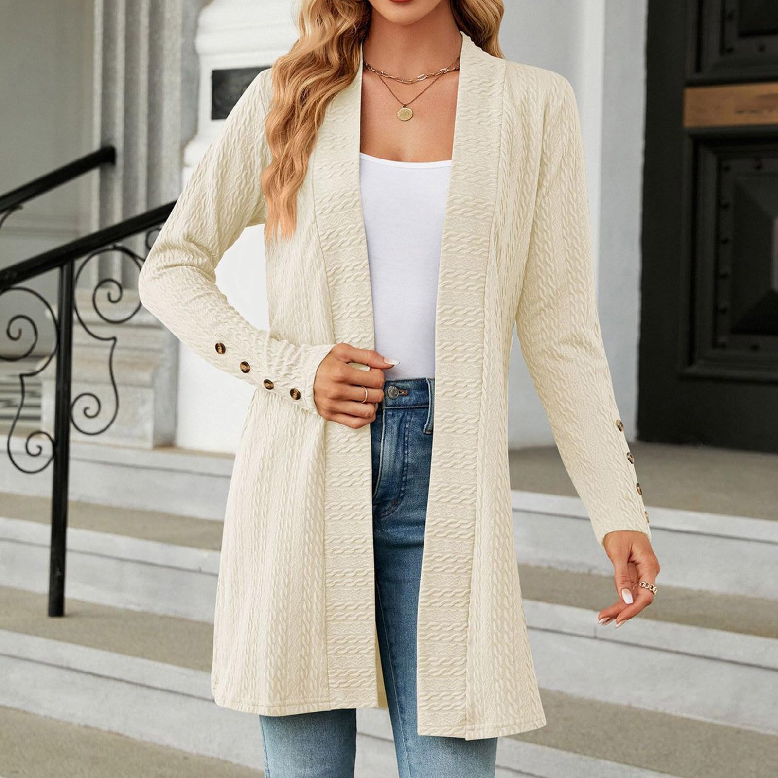 Générique Femmes Cardigan Pull Manteau Manches Longues Tricoté Sweaters Gilet Casual Veste en Tricot avec Boutons Pull Cardigan Femme Cardigan Femme Long Gilet Femme Chic et Elegant Mariage Doré