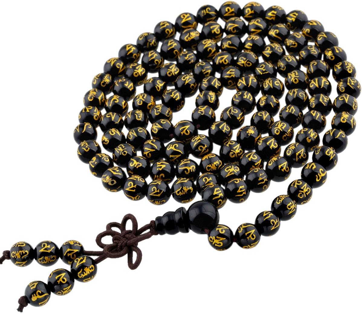 SUNYIK Natural Stone Tibetan Buddhist 108 Mala Bracelet for Women Men Carved Six Words Mantra