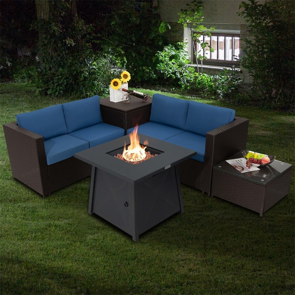5PCS Patio Rattan Furniture Set 30" Gas Fire Pit Table W/Cover Navy