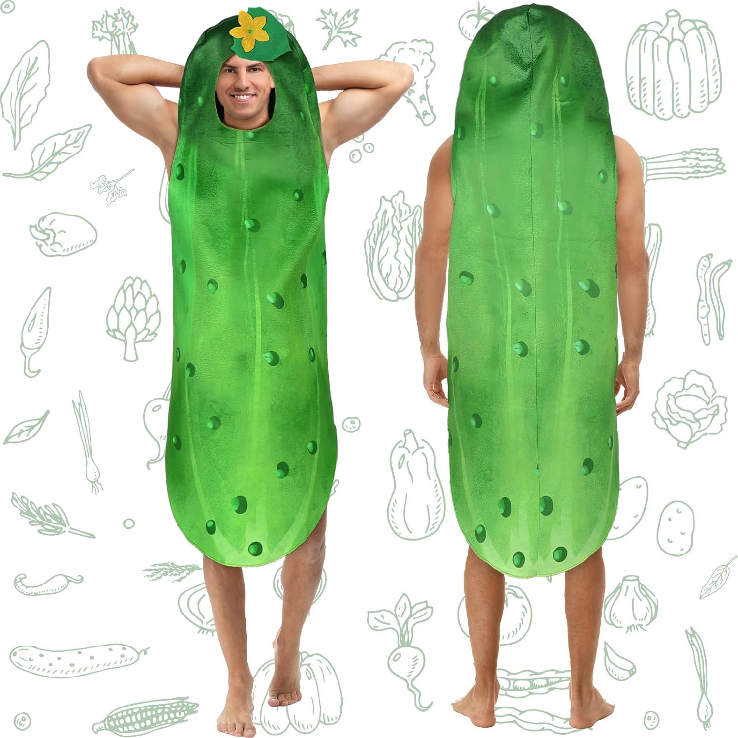 Retisee 2 Pcs Pickle Halloween Costume Green Cucumber Jumpsuit Costume Giant Vegetable Tunic Costume with Pickle Tote Bag for Gift Men Women Trick or Treating, One Size - Image 5