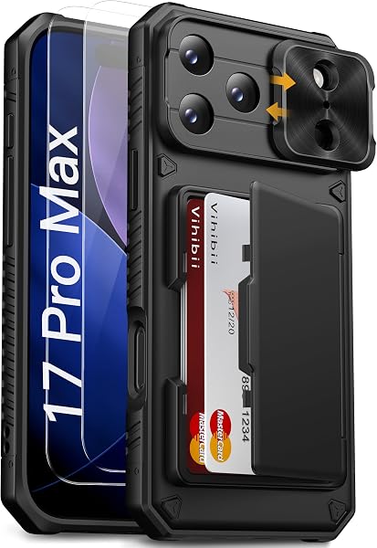 Vihibii for iPhone 17 Pro Max Case Wallet with 2X Screen Protector, Black