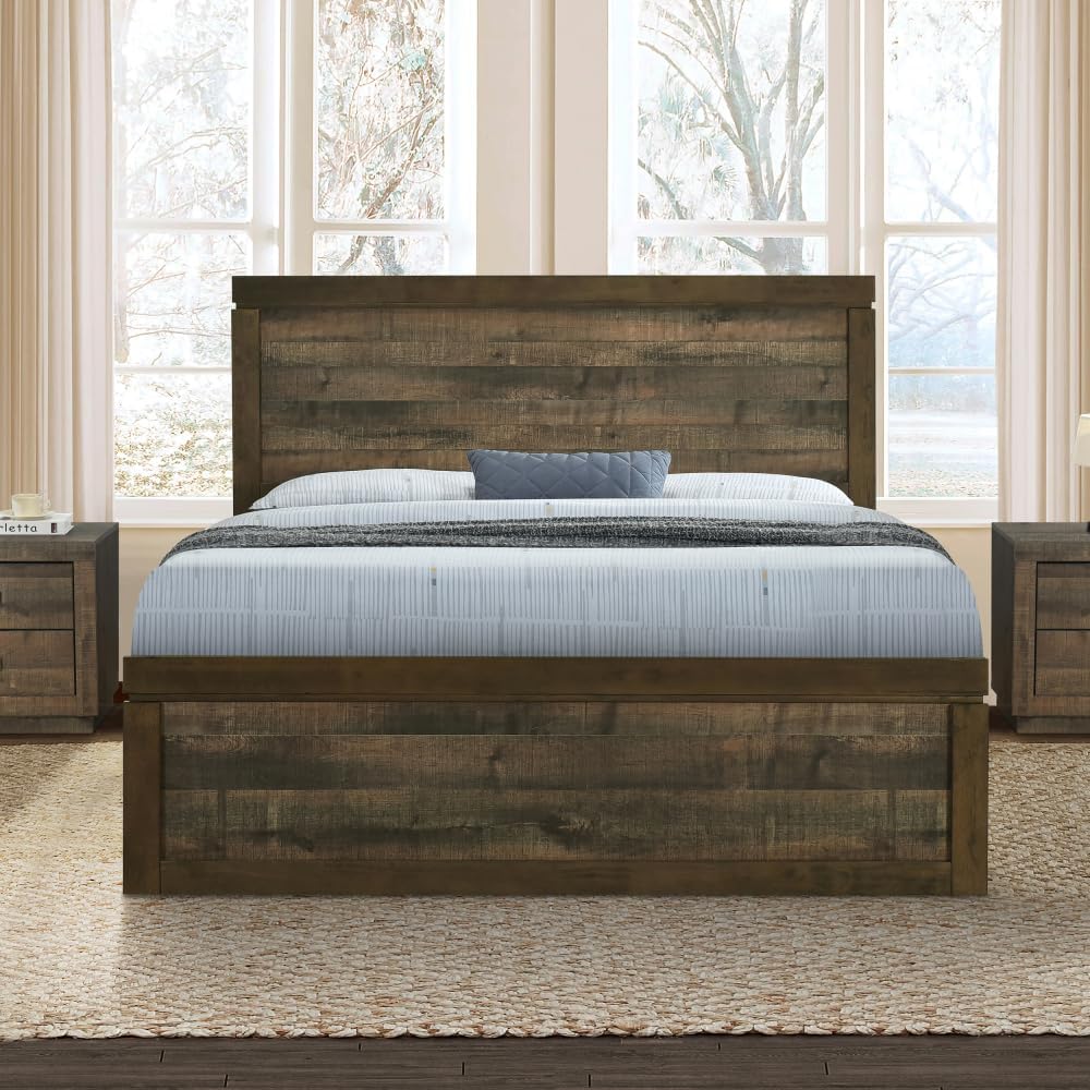 Queen Bedroom Set, Farmhouse Bed Frame with Rustic Design, Durable Queen Bedroom Furniture Sets, No Box Spring Needed
