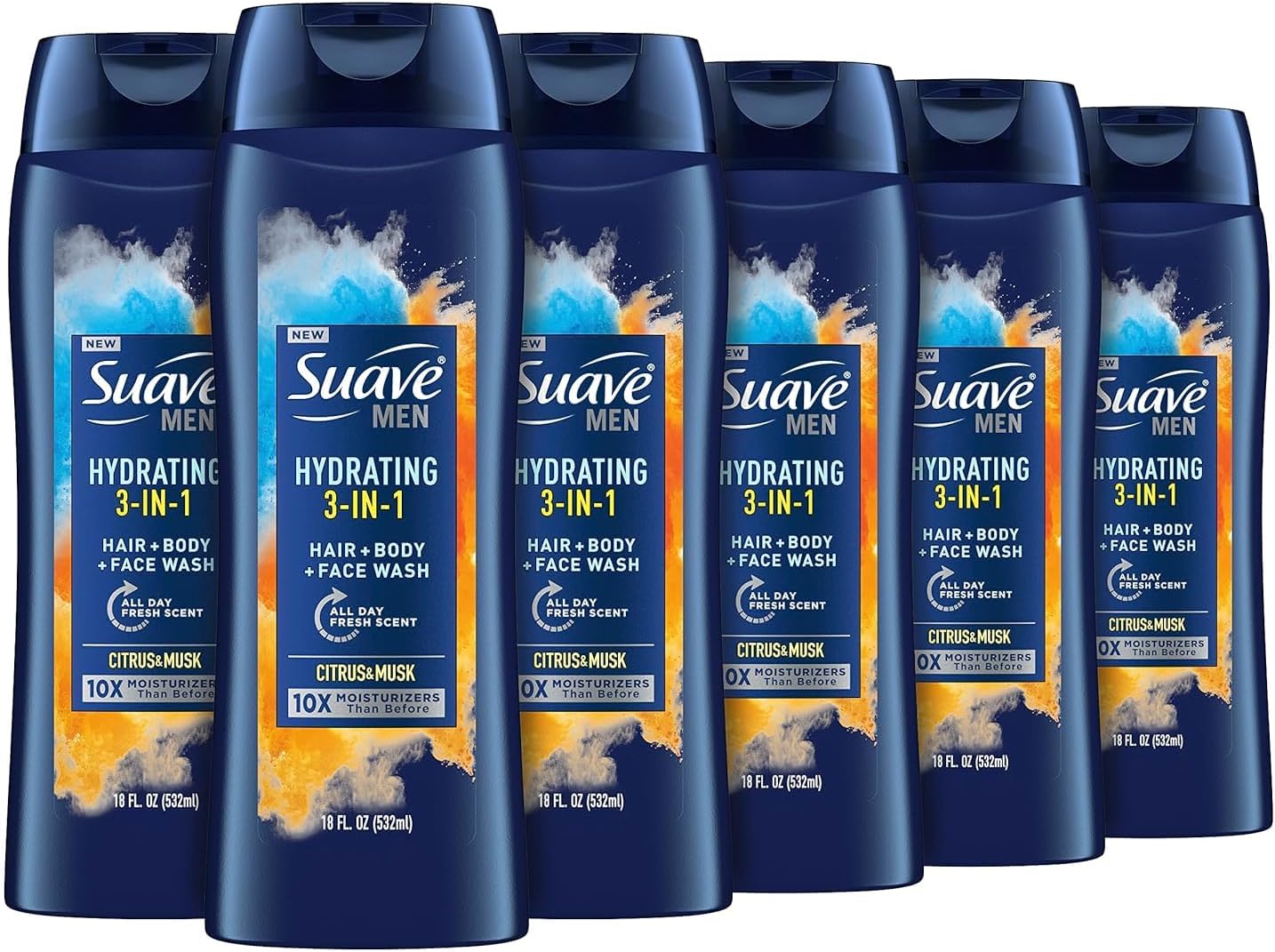 Suave Men Moisturizing Body, Face and Hair Wash, 3-in-1 For Hydrated Skin and Hair, Citrus & Musk scent, No Parabens, No Phtahaltes, 18 Oz Pack of 6