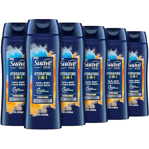 Suave Men Moisturizing Body, Face and Hair Wash, 3-in-1 For Hydrated Skin and Hair, Citrus & Musk scent, No Parabens, No Phtahaltes, 18 Oz Pack of 6