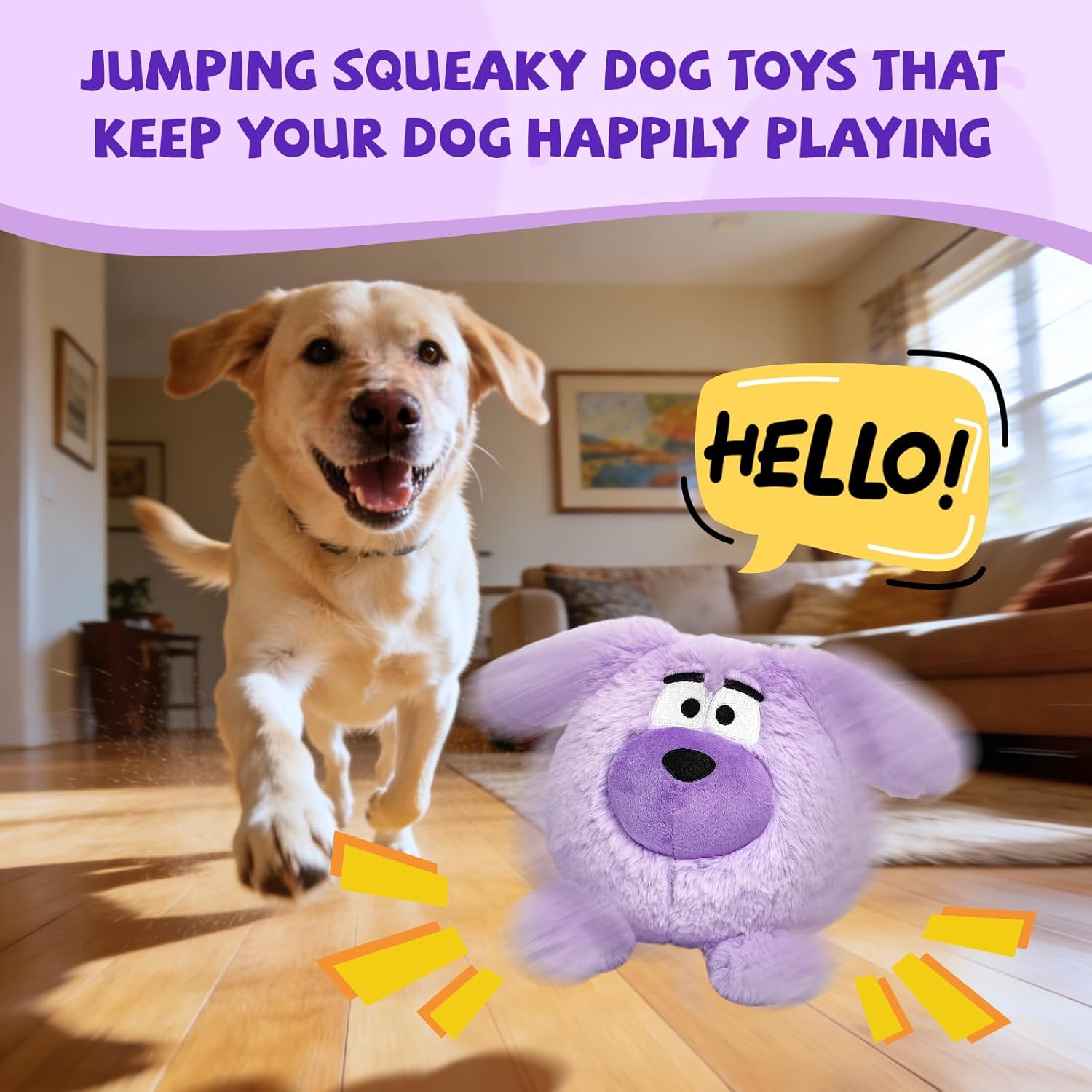 Moving Dog Ball, Jumping Squeaky Interactive Dog Toys, Plush Chew Toys for Medium/Large Dogs, USB Rechargeable (Purple)