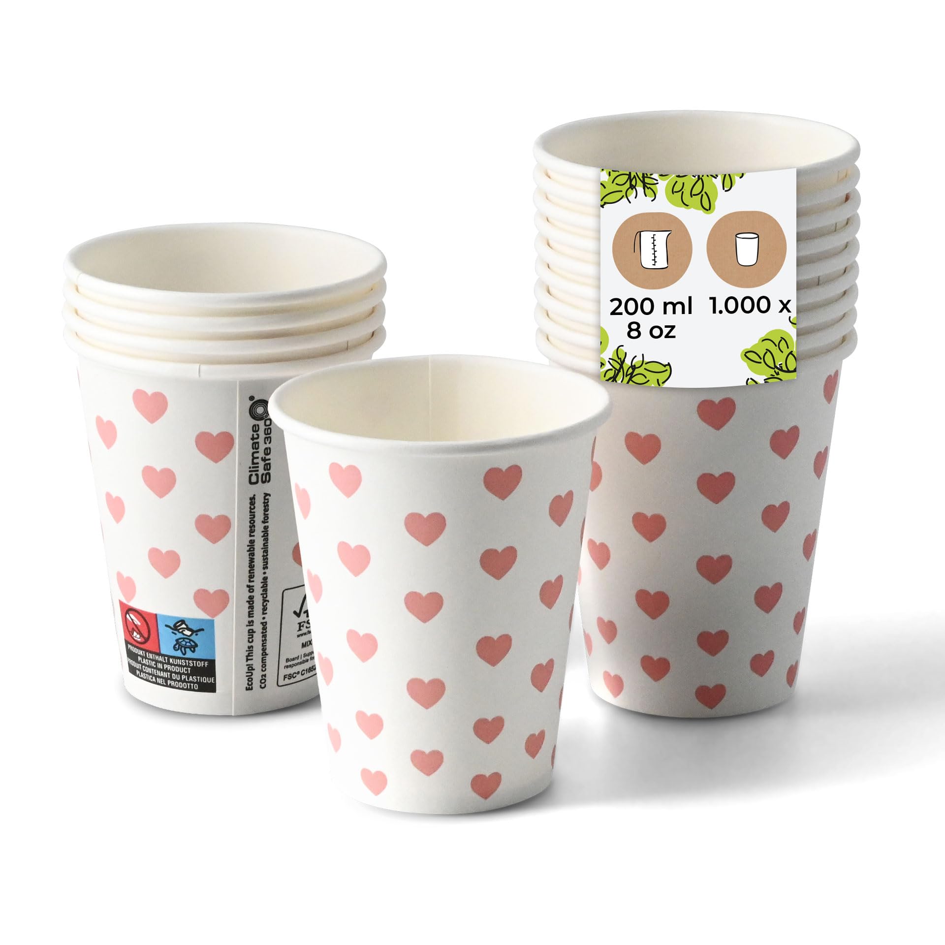 BIOZOYG vasos de cartón impresos Corazones 1000 unidades 200 ml / 8 oz, Ø 80 mm, blanco - vasos para café para llevar - cartón con recubrimiento PE - vasos para bebidas calientes y frías, desechables