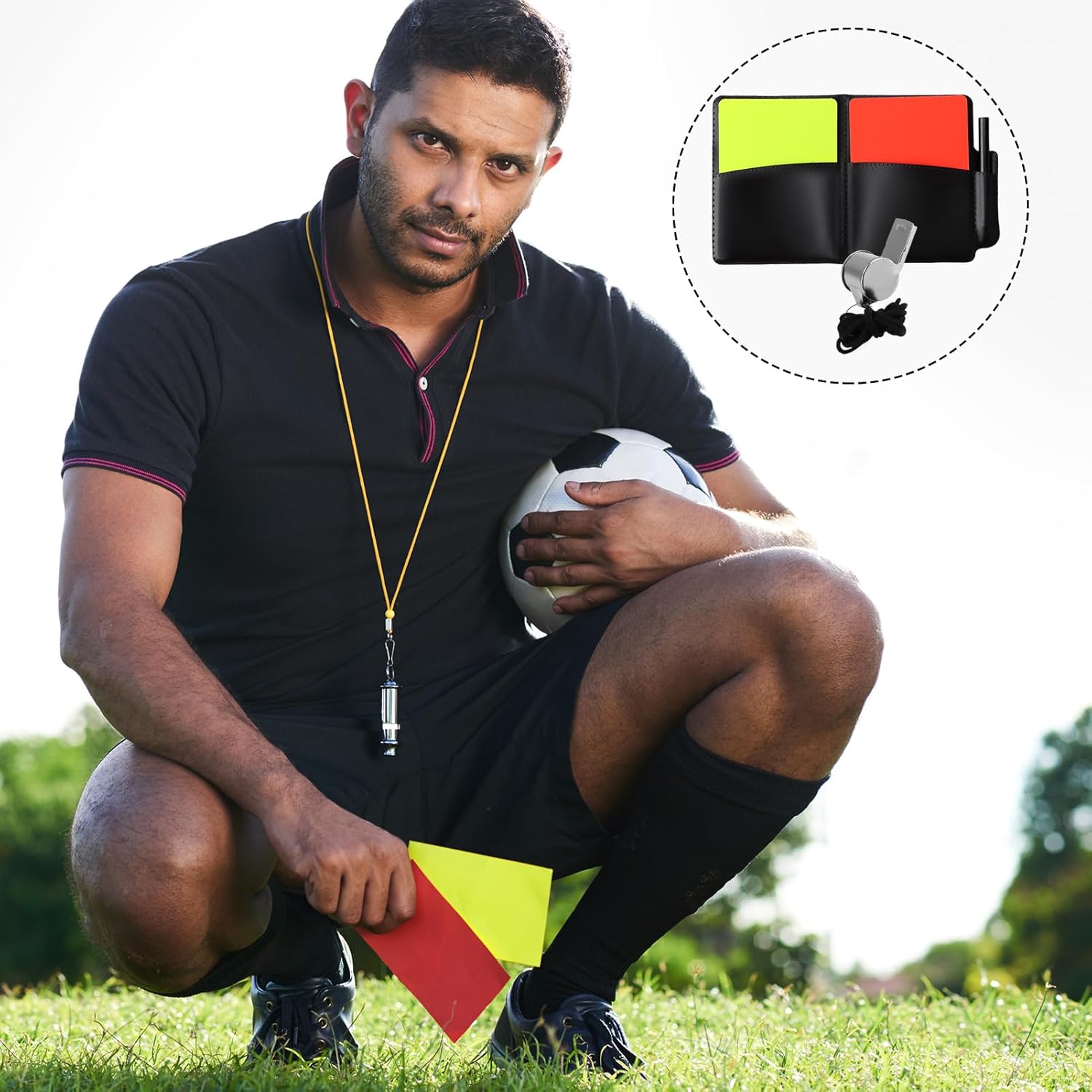 Soccer Referee Card Set, 2pcs Warning Red & Yellow Cards, Leather Wallet, Recording Papers, Pencil & Whistle – Sport Football Soccer Referee Wallet For Football Matches, Training & Sports Games