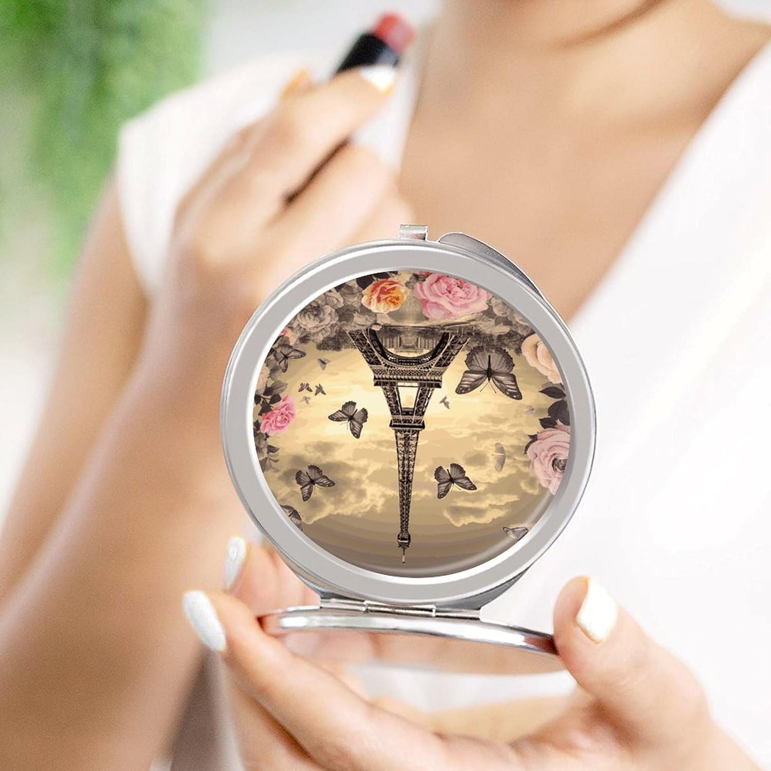 Eiffel Tower Flowers and Butterflies Portable Makeup Mirror, Sided Travel Hand Mirror Mini Folding Mirror for Precise Makeup Women Daily Use