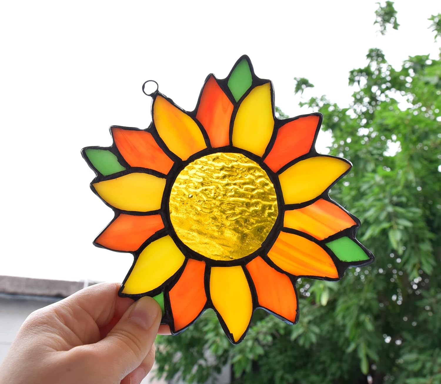 Sunflower Stained Glass Window Hanging Panels, 5.3 Inch Handcrafted Sunflowers Suncatcher Wall Decor Art Home Kitchen Bedroom Livingroom Ornament Gifts for Mom Women