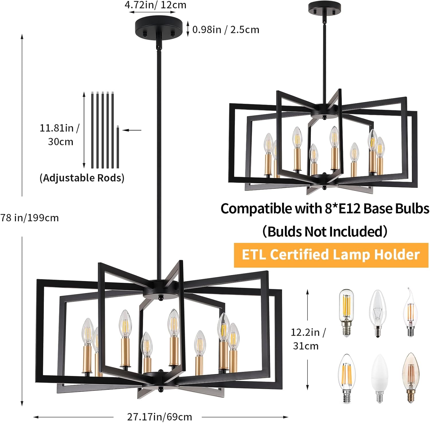 Black Chandelier for Dining Room, 8-Light Kitchen Chandelier Light Fixture Modern Metal Industrial Large Chandeliers for Farmhouse Entryway Living Room (Black Gold)